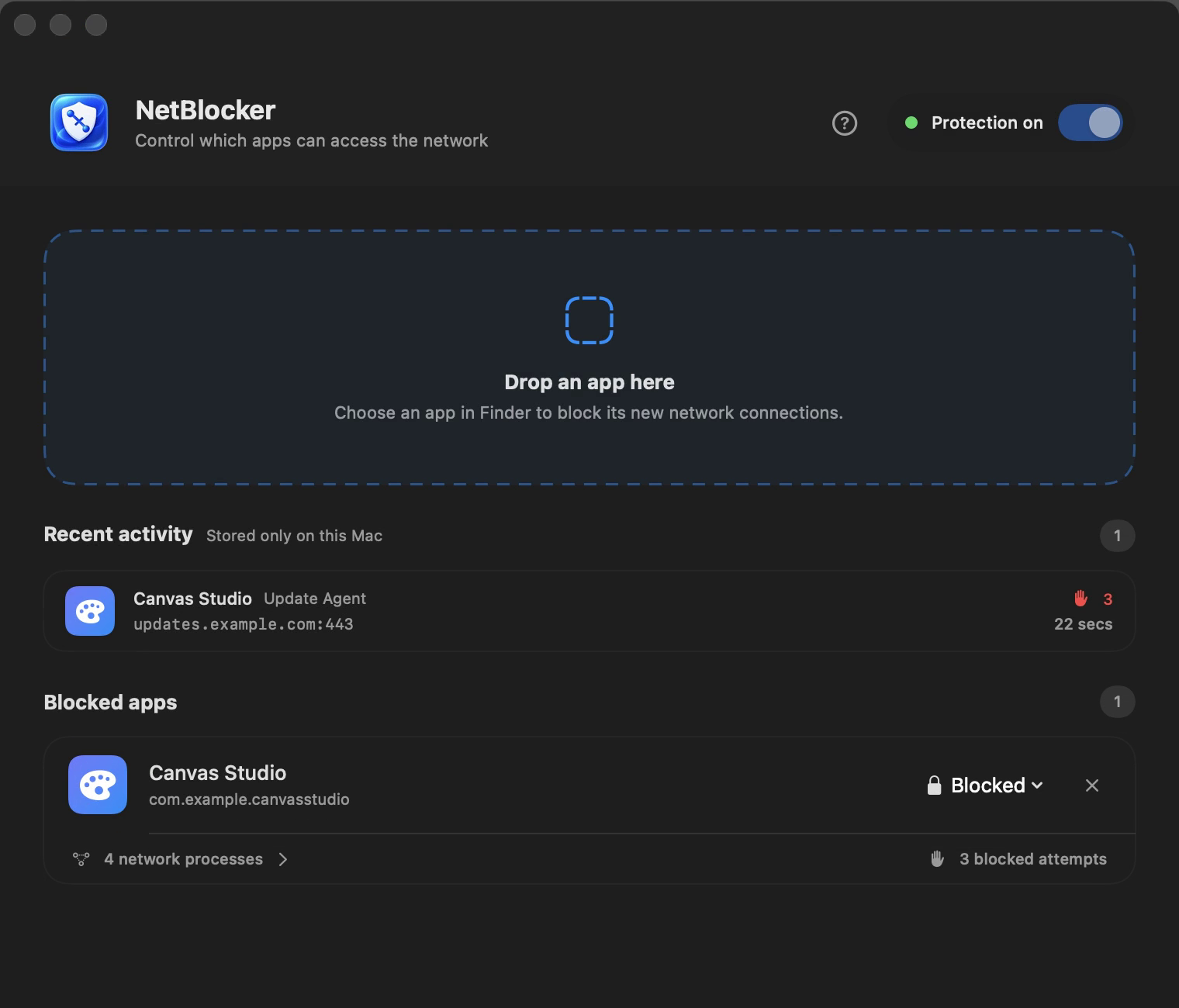 NetBlocker showing recent blocked connection activity and a selected app with its related network processes